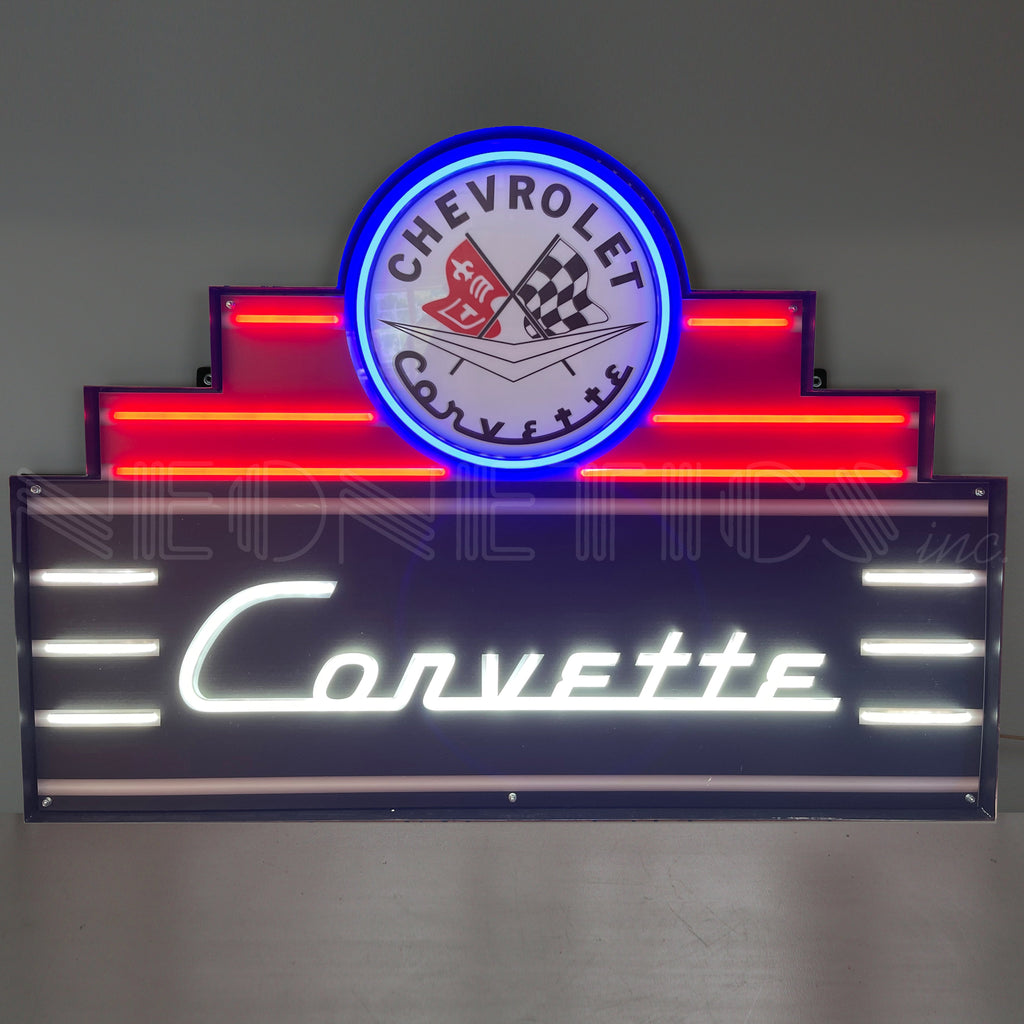 Art Deco Marquee Corvette LED Flex-Neon Sign in Steel Can-Grease Monkey Garage
