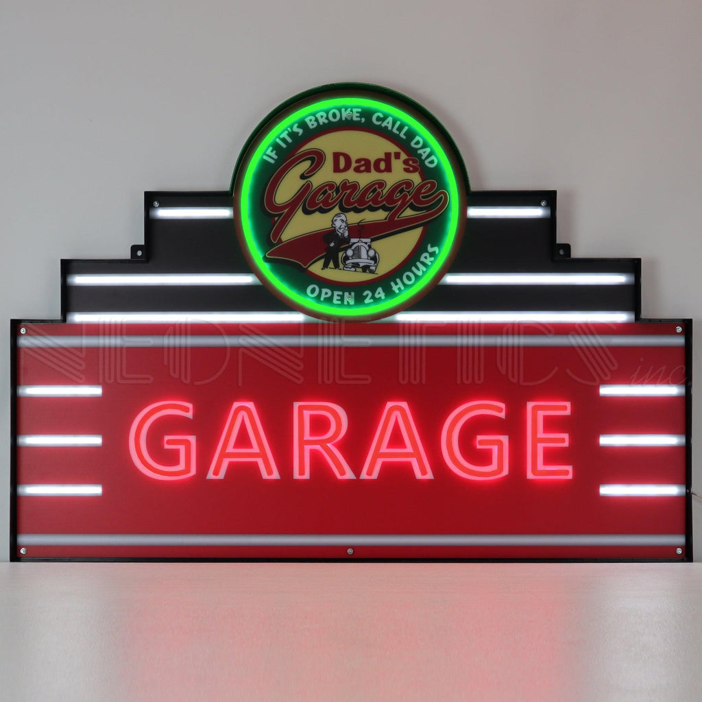 Art Deco Marquee Dad's Garage LED Flex-Neon Sign in Steel Can-Grease Monkey Garage