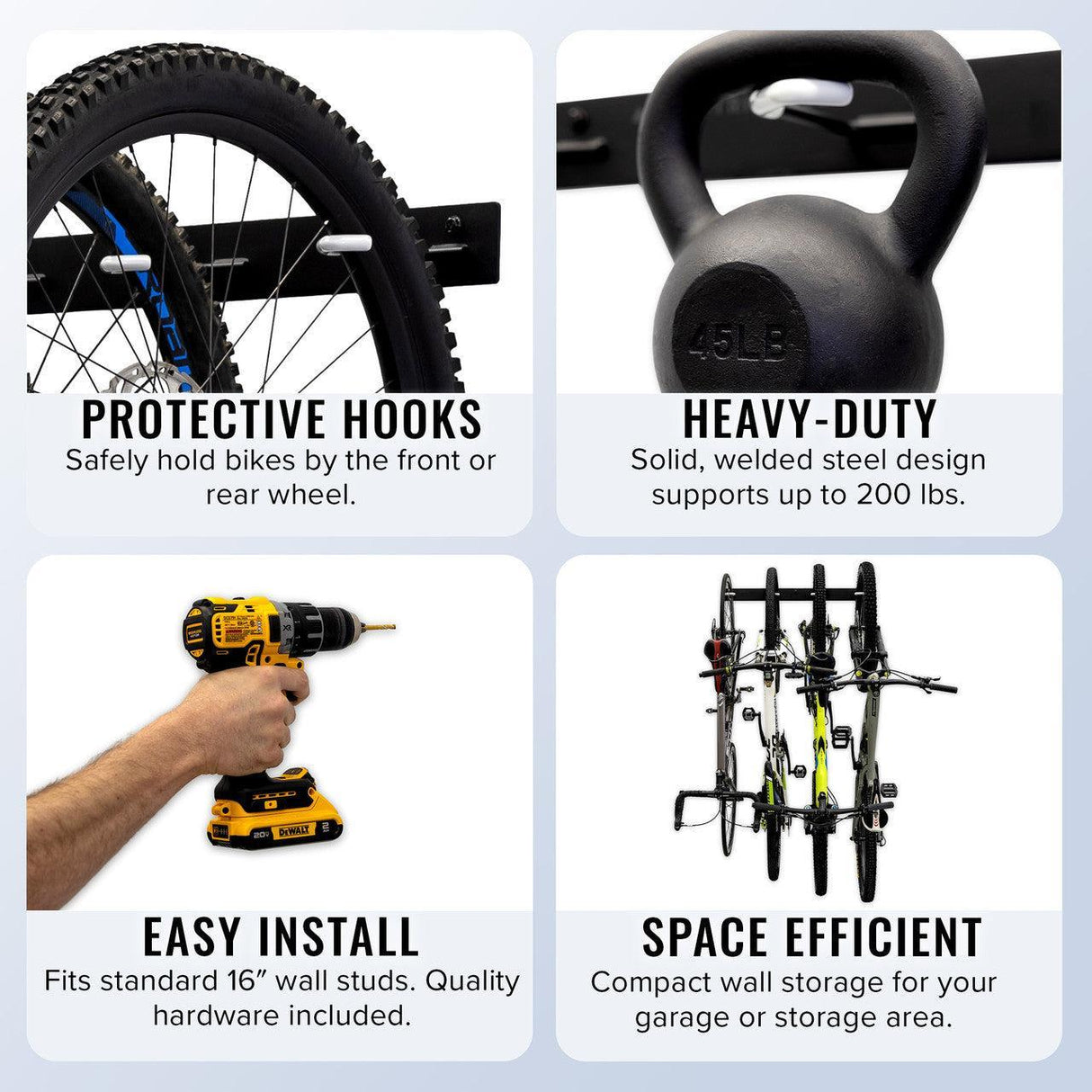 Blackstone Bike Storage Rack | 4 Bikes | Black-Wall Mounted-Grease Monkey Garage