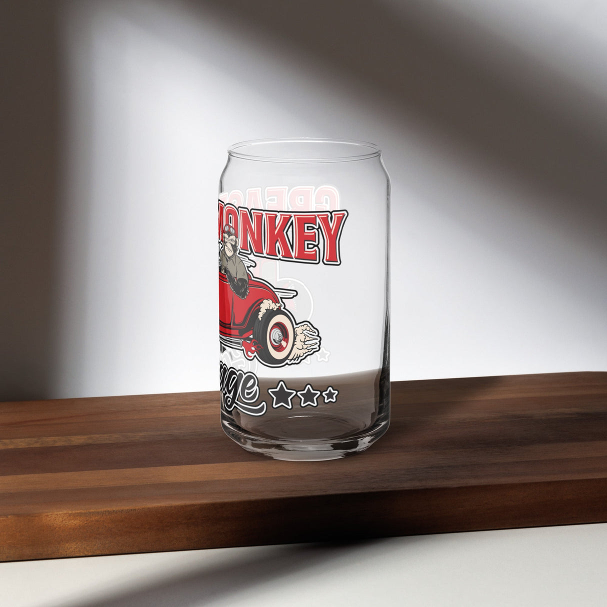 Can-shaped glass-Grease Monkey Garage