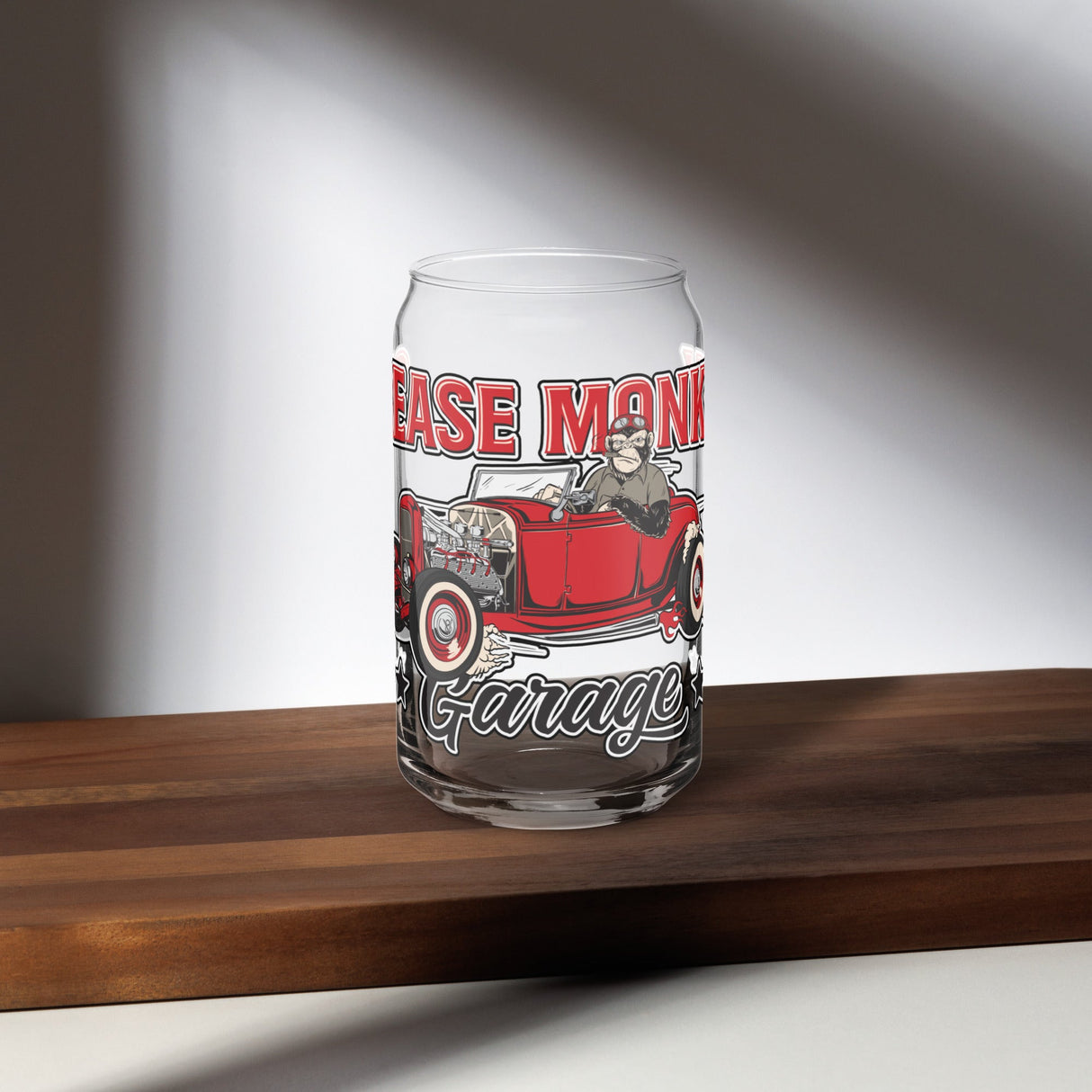 Can-shaped glass-Grease Monkey Garage