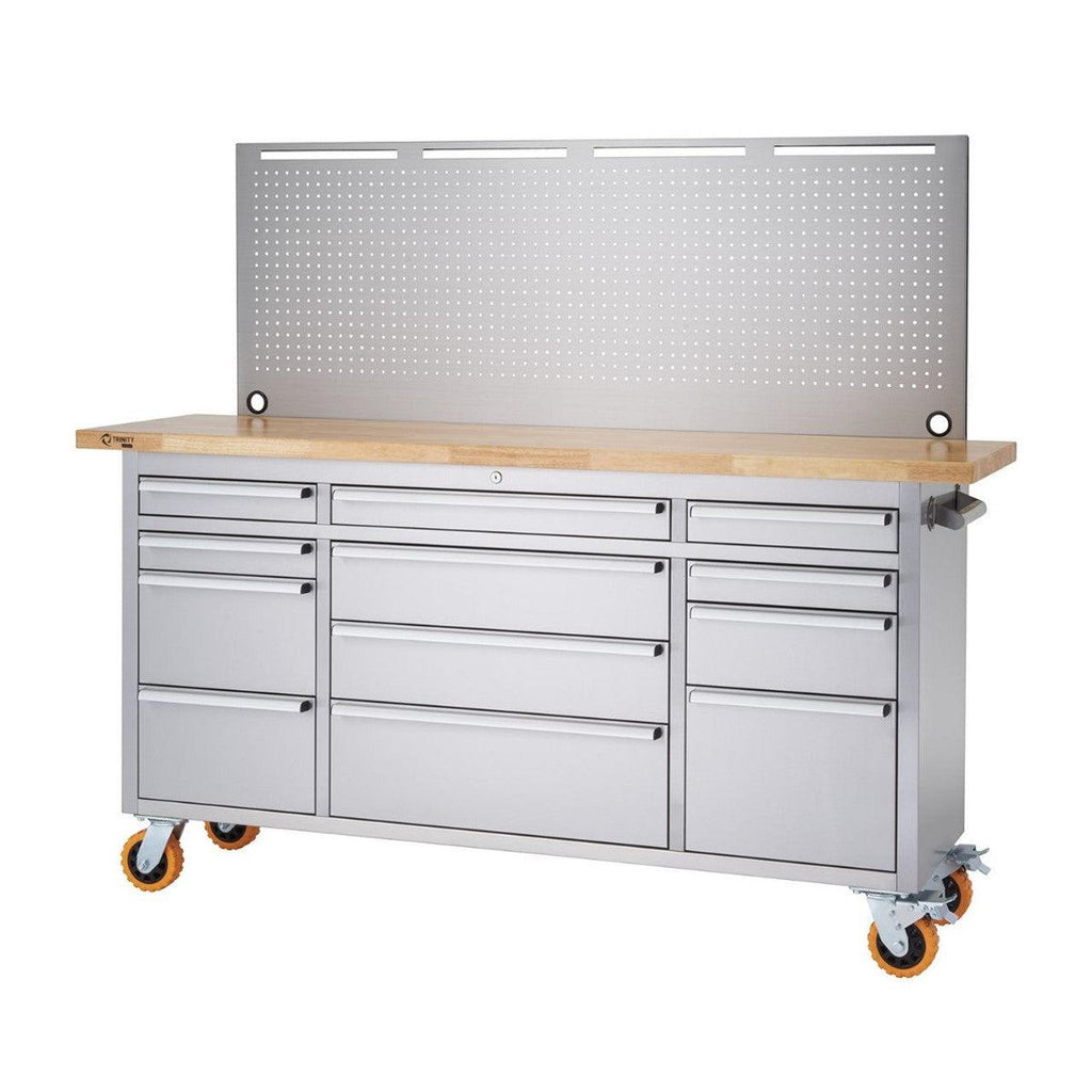 Professional Stainless Steel Rolling Workbench with Pegboard 72" x 19"-Grease Monkey Garage