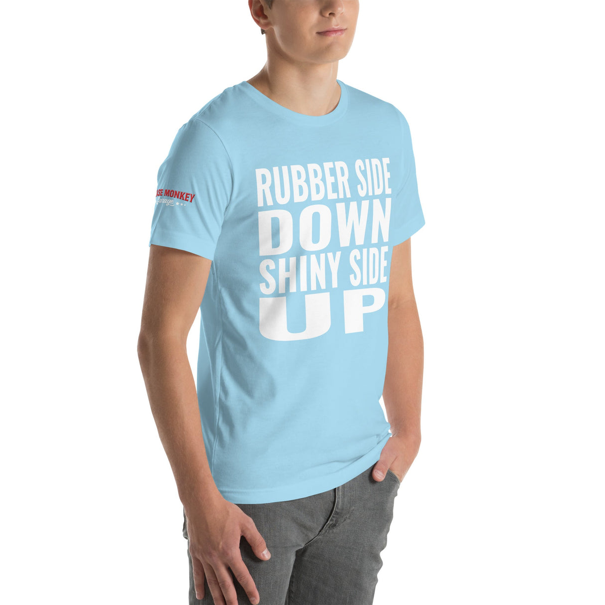 Rubber Side Down Shiny Side Up Unisex T-Shirt-Grease Monkey Garage