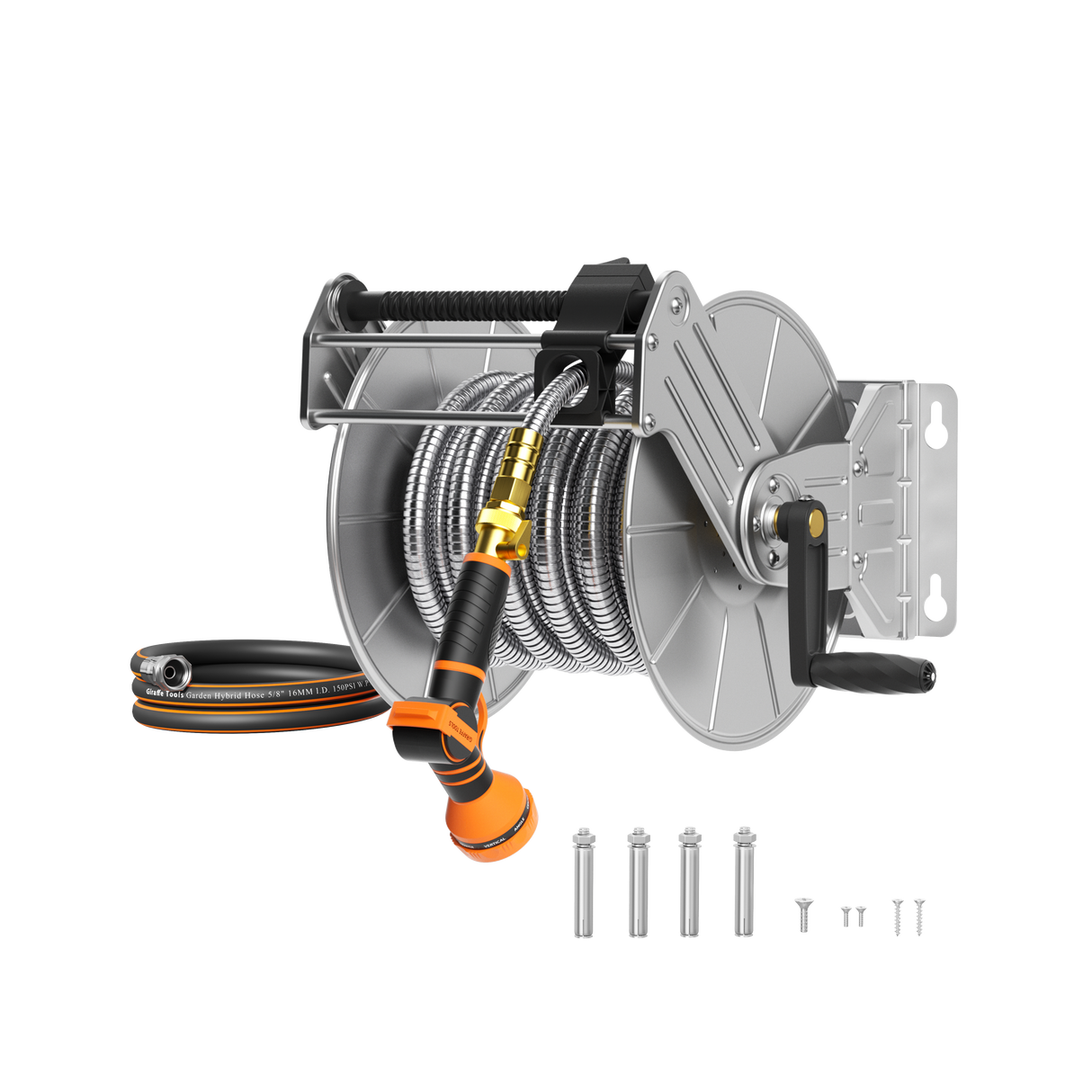 Wall Mounted Hose Reel-Stainless Steel-Manual Crank Garden Hose Reel-Grease Monkey Garage