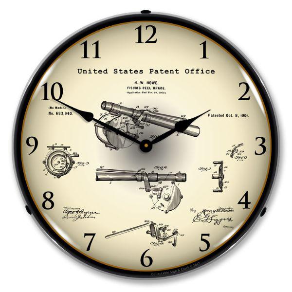 1901 Antique Fishing Reel Brake Patent Backlit LED Clock-LED Clocks-Grease Monkey Garage