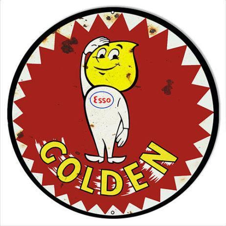 Aged Esso Golden Gasoline Happy the Oil Drop Man Metal Sign-Metal Signs-Grease Monkey Garage