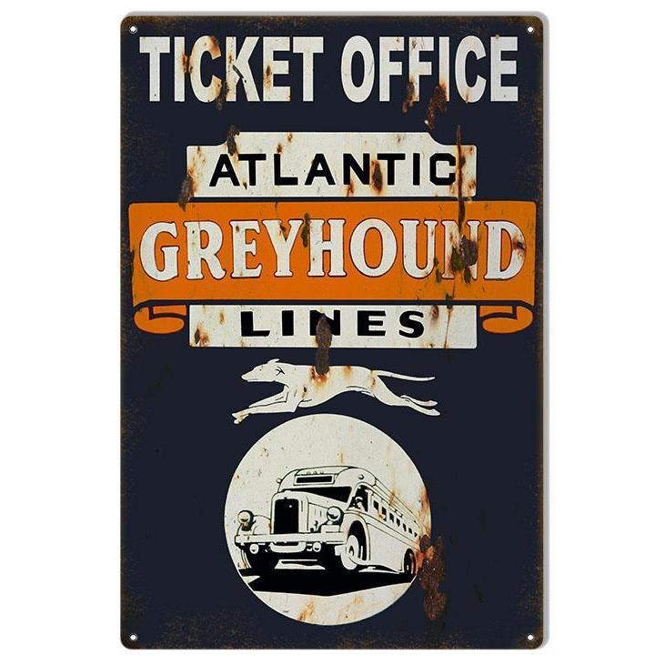 Aged Greyhound Atlantic Lines Ticket Office Metal Sign-Metal Signs-Grease Monkey Garage