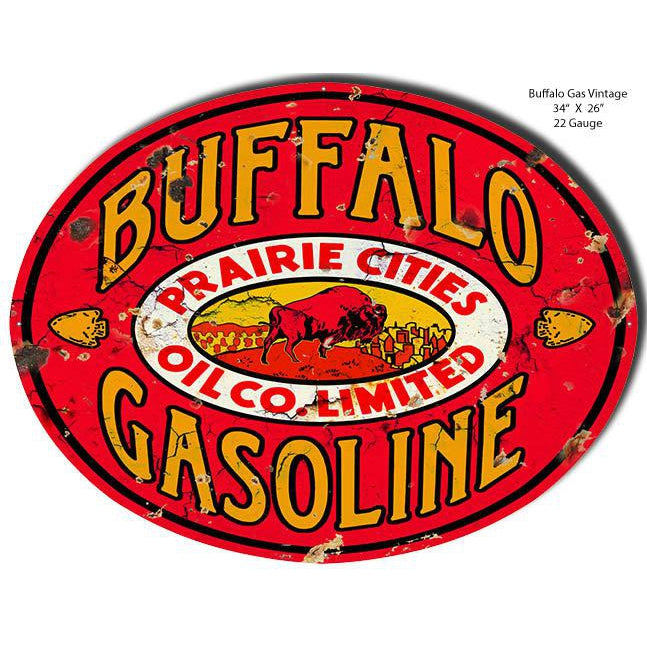 Aged Prairie Cities Buffalo Gasoline Oval Metal Sign-Metal Signs-Grease Monkey Garage