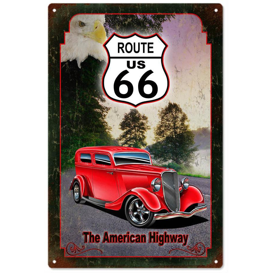 Aged Route 66 The American Highway Metal Sign-Metal Signs-Grease Monkey Garage