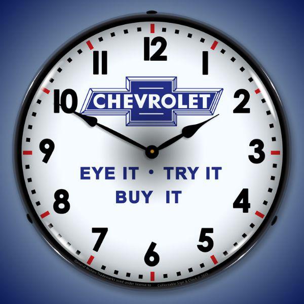 Chevrolet Eye It Try It Buy It Backlit LED Clock-LED Clocks-Grease Monkey Garage