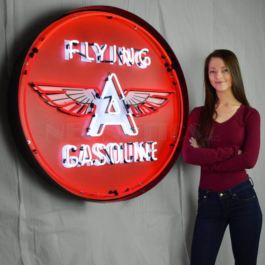 Flying A Gasoline Neon Sign in Steel Can (36")-Neon Signs-Grease Monkey Garage