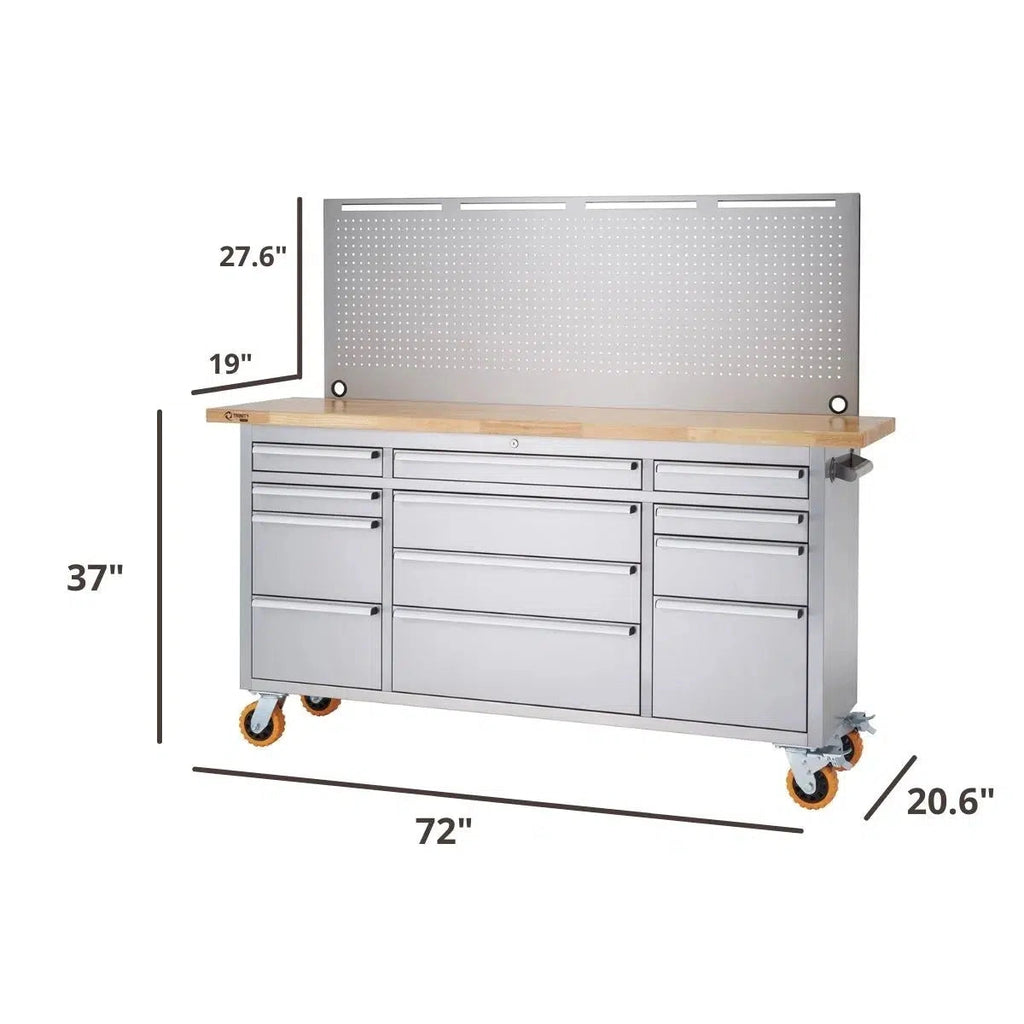 Professional Stainless Steel Rolling Workbench with Pegboard 72" x 19"-Grease Monkey Garage