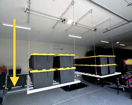 overhead storage lift lowered to floor