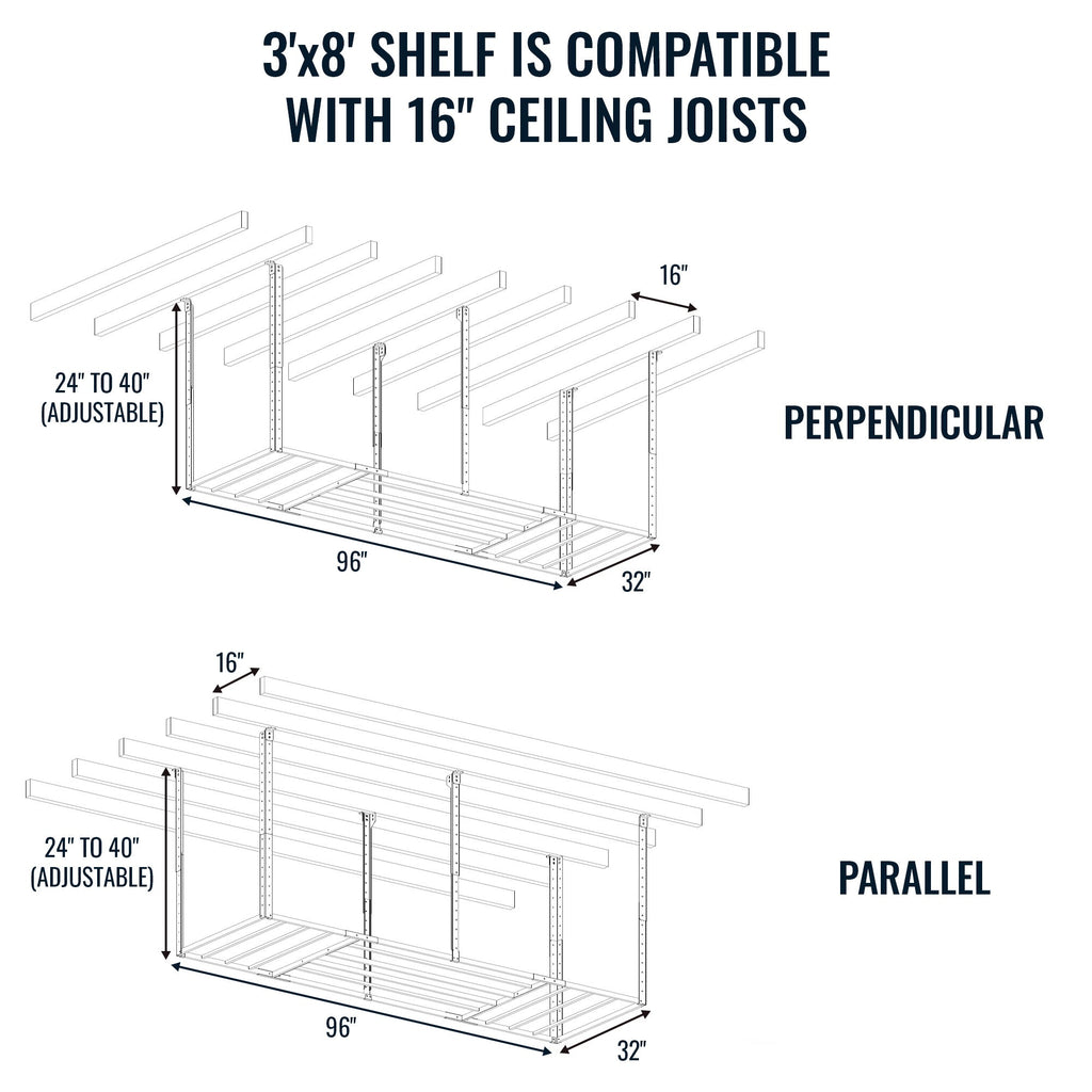 3' x 8' Faber Overhead Garage Shelving | Holds 700 lbs-Ceiling-Grease Monkey Garage