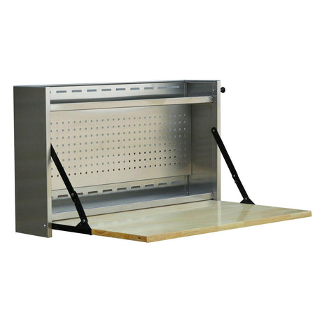 32-Inch Folding Wall-Mounted Stainless Steel Worktable with Butcher Block Top-Grease Monkey Garage