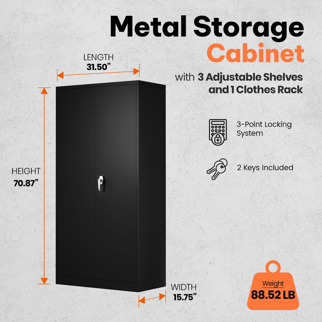 AOBABO Metal Storage Cabinet with 3 Adjustable Shelves and 1 Cloth Rail, Black-*Furniture | Cabinets & Storage | Armoires & Wardrobes-Grease Monkey Garage