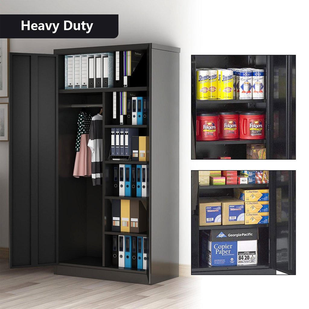 AOBABO Metal Storage Cabinet with 3 Adjustable Shelves and 1 Cloth Rail, Black-*Furniture | Cabinets & Storage | Armoires & Wardrobes-Grease Monkey Garage