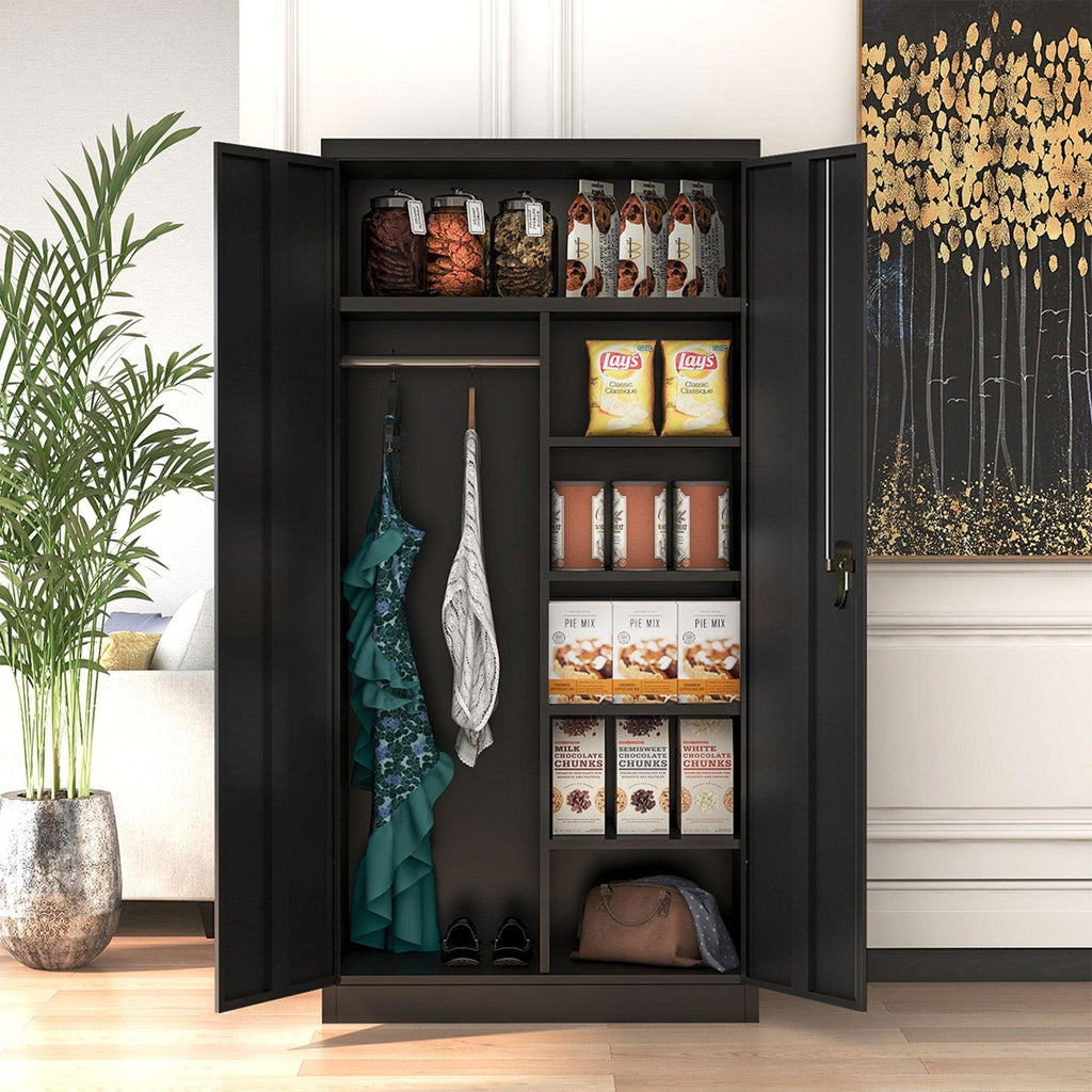 AOBABO Metal Storage Cabinet with 3 Adjustable Shelves and 1 Cloth Rail, Black-*Furniture | Cabinets & Storage | Armoires & Wardrobes-Grease Monkey Garage
