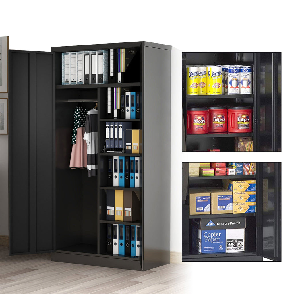 AOBABO Metal Storage Cabinet with 3 Adjustable Shelves and 1 Cloth Rail, Black-*Furniture | Cabinets & Storage | Armoires & Wardrobes-Grease Monkey Garage
