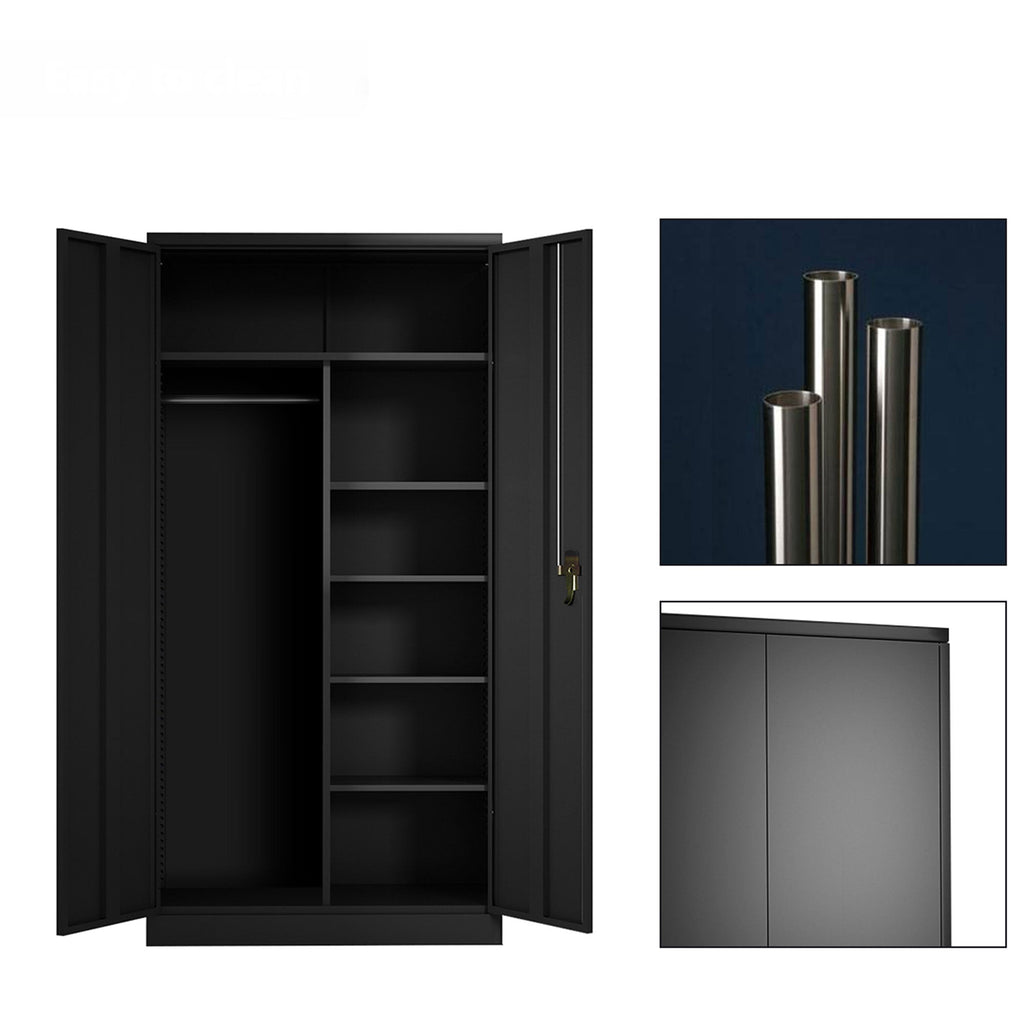 AOBABO Metal Storage Cabinet with 3 Adjustable Shelves and 1 Cloth Rail, Black-*Furniture | Cabinets & Storage | Armoires & Wardrobes-Grease Monkey Garage