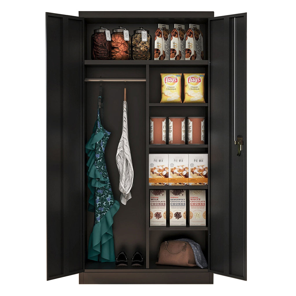 AOBABO Metal Storage Cabinet with 3 Adjustable Shelves and 1 Cloth Rail, Black-*Furniture | Cabinets & Storage | Armoires & Wardrobes-Grease Monkey Garage