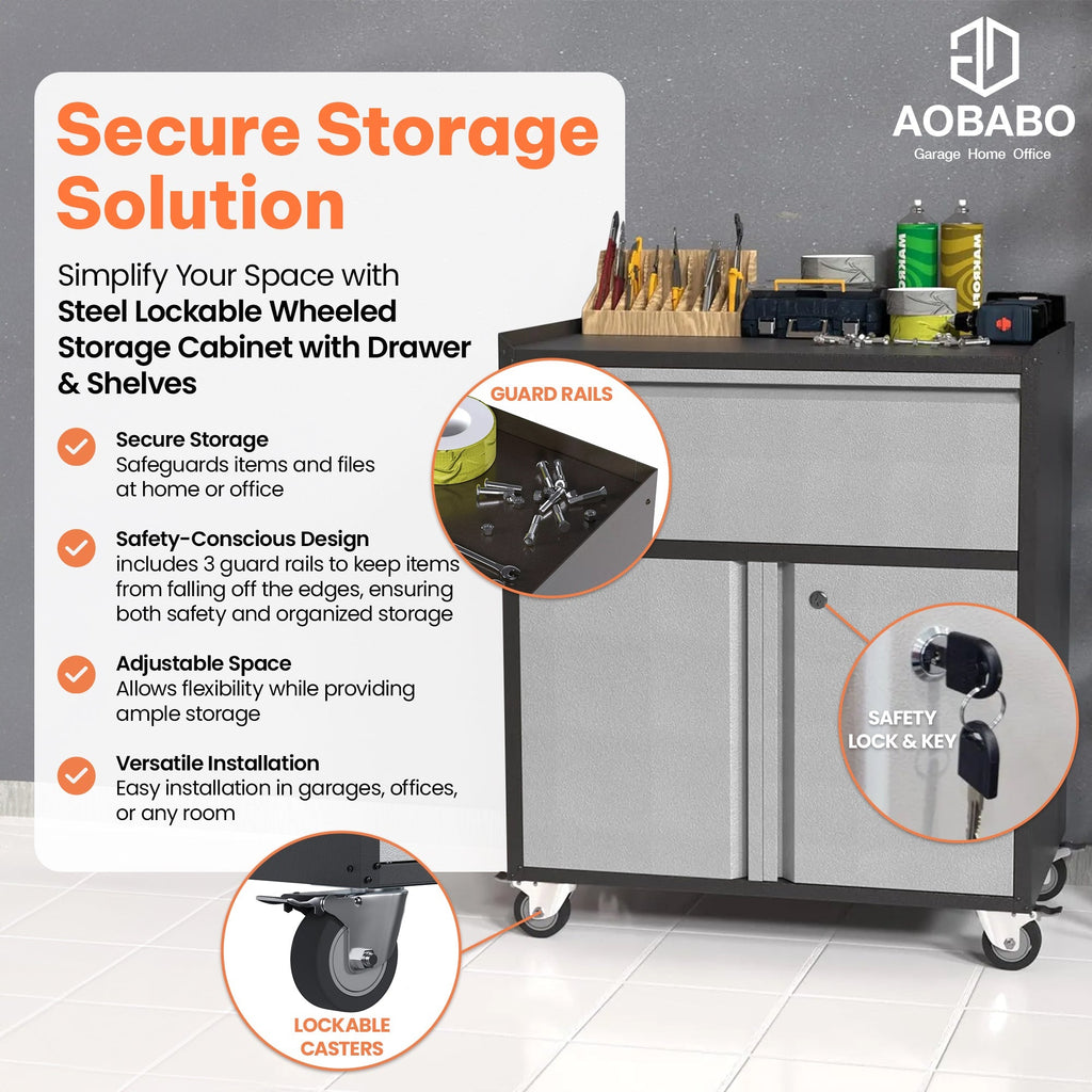 AOBABO Steel Lockable Wheeled Storage Cabinet w/Drawer & Shelves, Black/Grey-Hardware | Hardware Accessories | Tool Storage & Organization | Tool Cabinets & Chests-Grease Monkey Garage