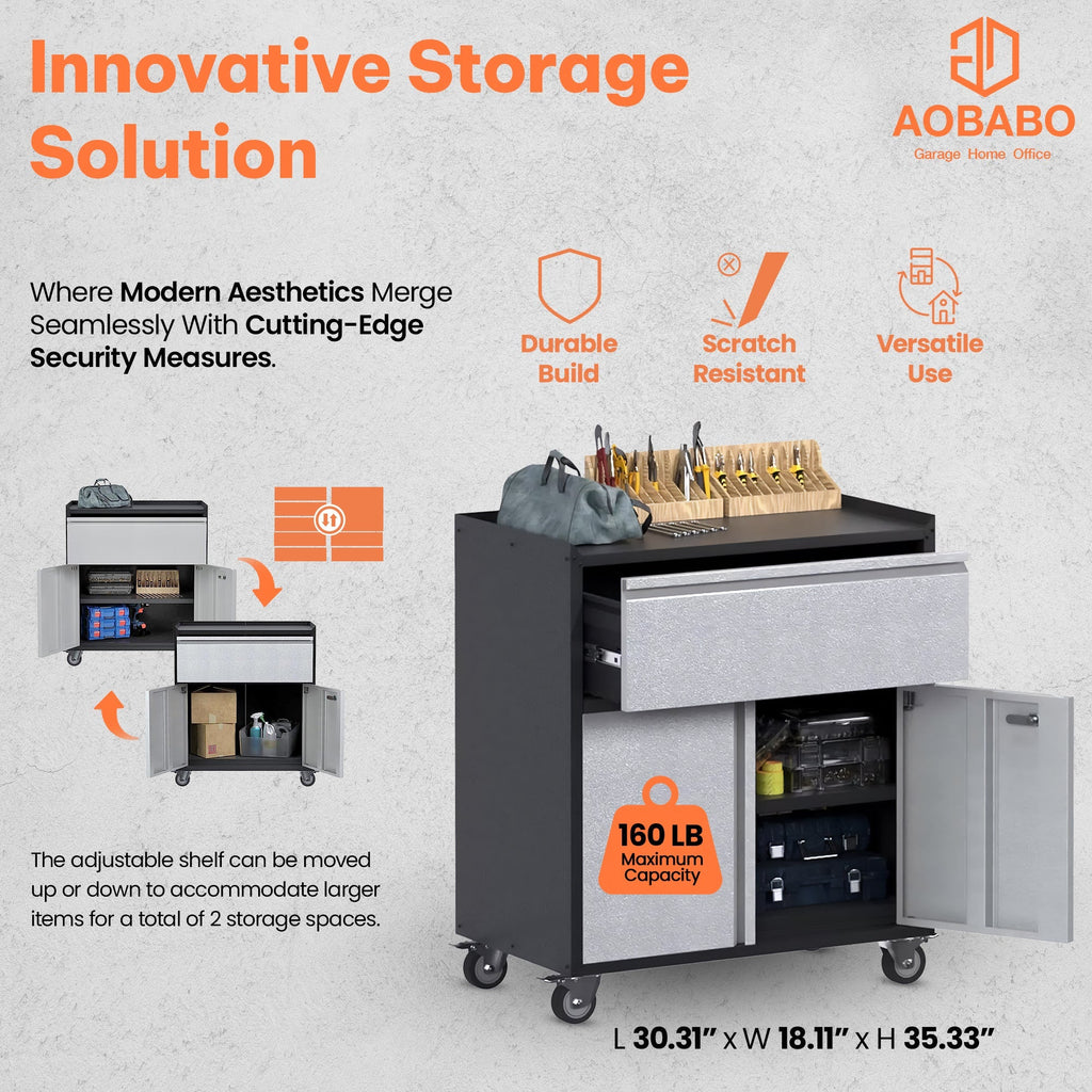 AOBABO Steel Lockable Wheeled Storage Cabinet w/Drawer & Shelves, Black/Grey-Hardware | Hardware Accessories | Tool Storage & Organization | Tool Cabinets & Chests-Grease Monkey Garage