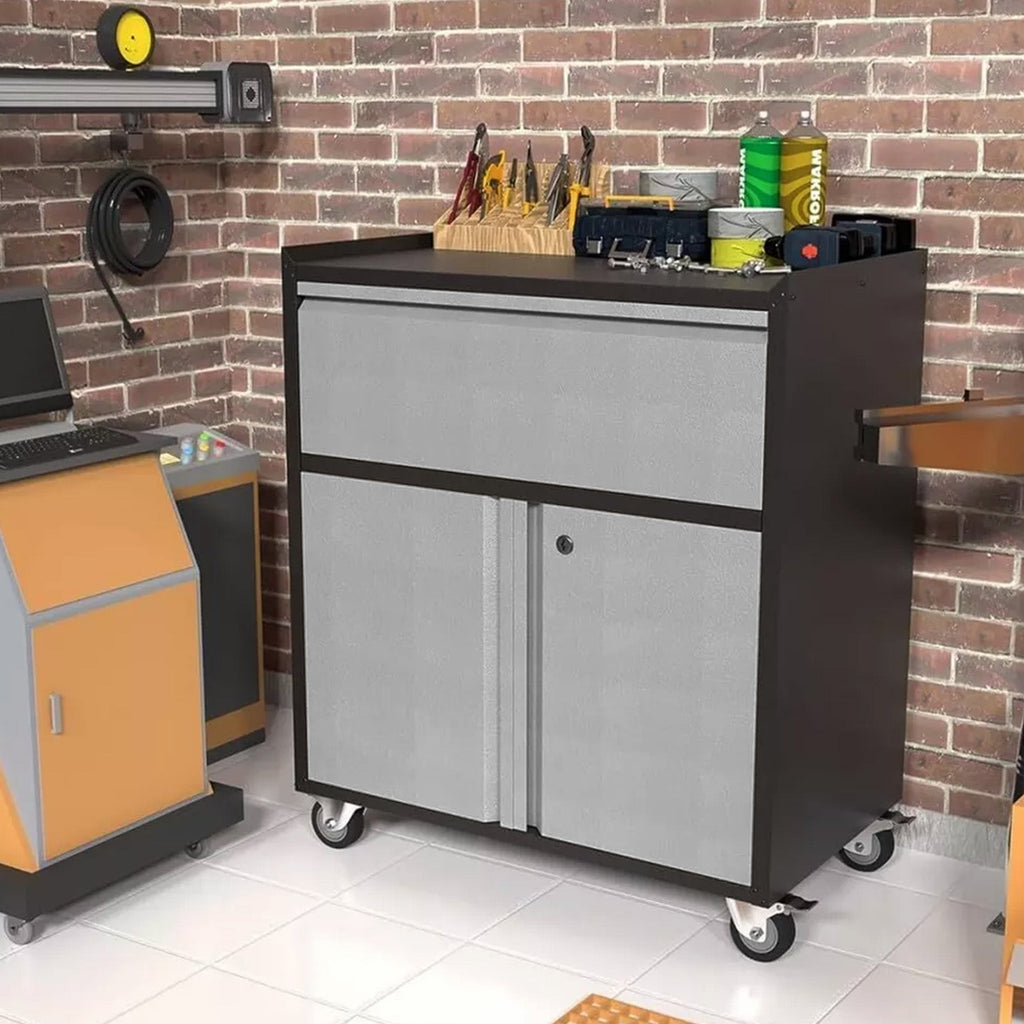 AOBABO Steel Lockable Wheeled Storage Cabinet w/Drawer & Shelves, Black/Grey-Hardware | Hardware Accessories | Tool Storage & Organization | Tool Cabinets & Chests-Grease Monkey Garage
