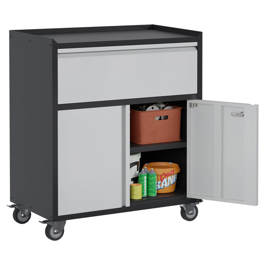 AOBABO Steel Lockable Wheeled Storage Cabinet w/Drawer & Shelves, Black/Grey-Hardware | Hardware Accessories | Tool Storage & Organization | Tool Cabinets & Chests-Grease Monkey Garage