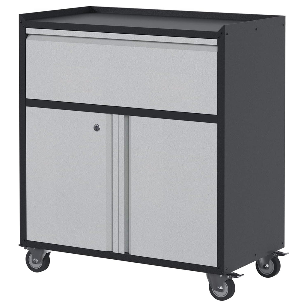 AOBABO Steel Lockable Wheeled Storage Cabinet w/Drawer & Shelves, Black/Grey-Hardware | Hardware Accessories | Tool Storage & Organization | Tool Cabinets & Chests-Grease Monkey Garage