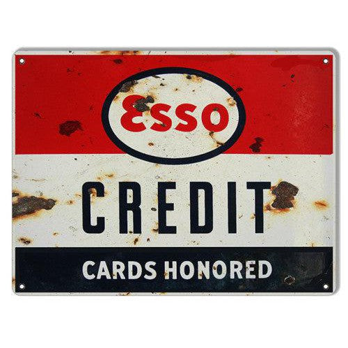 Aged Esso Credit Cards Honored Metal Sign-Metal Signs-Grease Monkey Garage