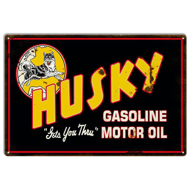 Aged Husky Gasoline and Motor Oil Metal Sign-Metal Signs-Grease Monkey Garage