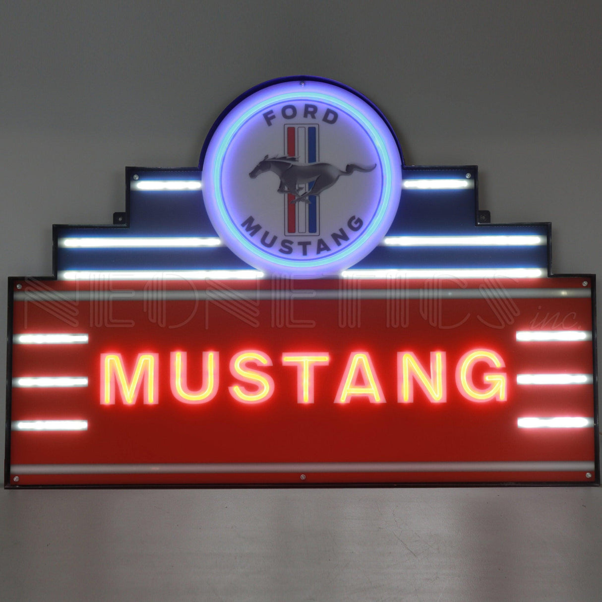 Art Deco Marquee Mustang LED Flex-Neon Sign in Steel Can-Grease Monkey Garage