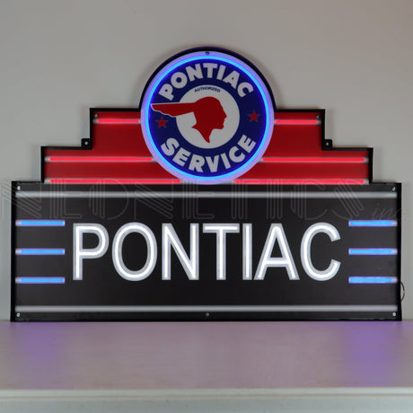 Art Deco Marquee Pontiac LED Flex-Neon Sign in Steel Can-Grease Monkey Garage