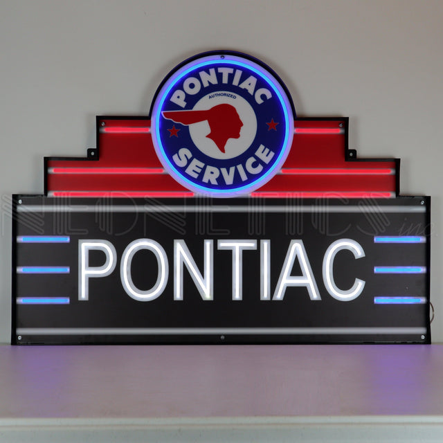 Art Deco Marquee Pontiac LED Flex-Neon Sign in Steel Can-Grease Monkey Garage