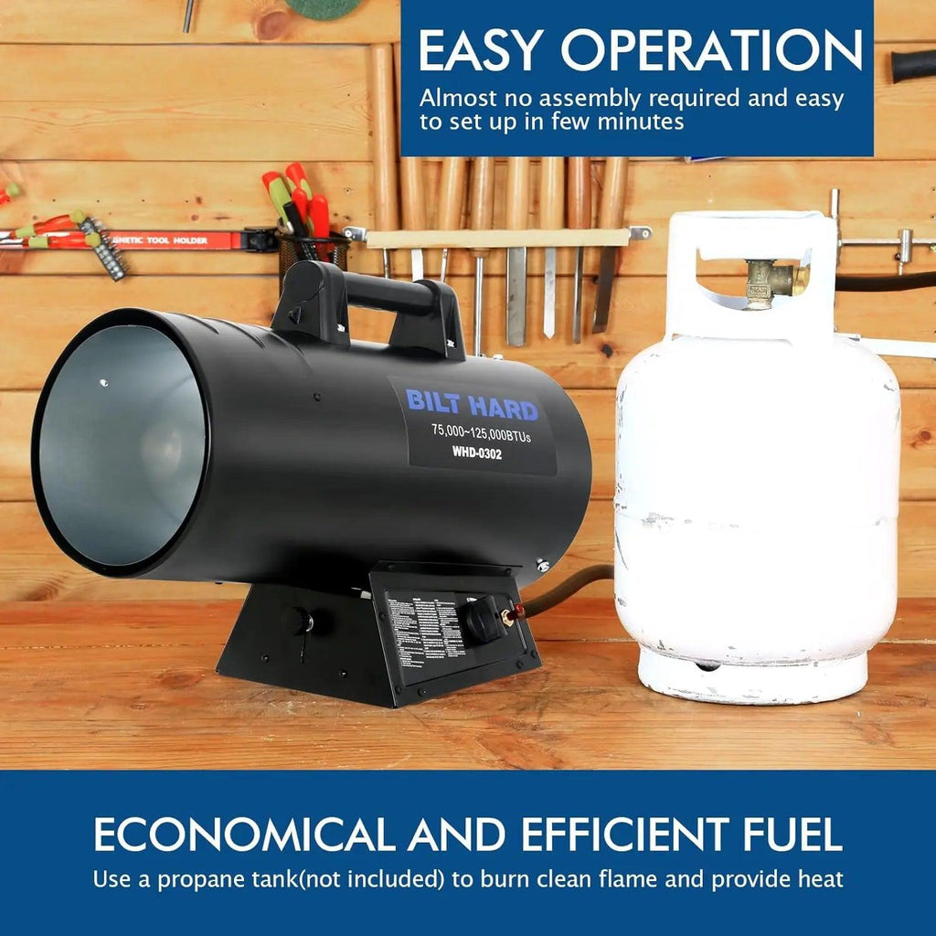 BILT HARD 125,000 BTU Forced Air Propane Heater, Adjustable Liquid Propane Torpedo Heater, CSA Listed-Heater-Grease Monkey Garage