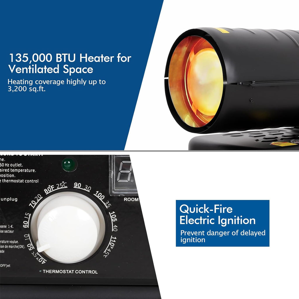 BILT HARD 135,000 BTU Forced Air Kerosene Heater, Portable Torpedo Space Heater with Movable Wheels, Thermostat Control, Overheat Protection, CSA Listed-Heater-Grease Monkey Garage