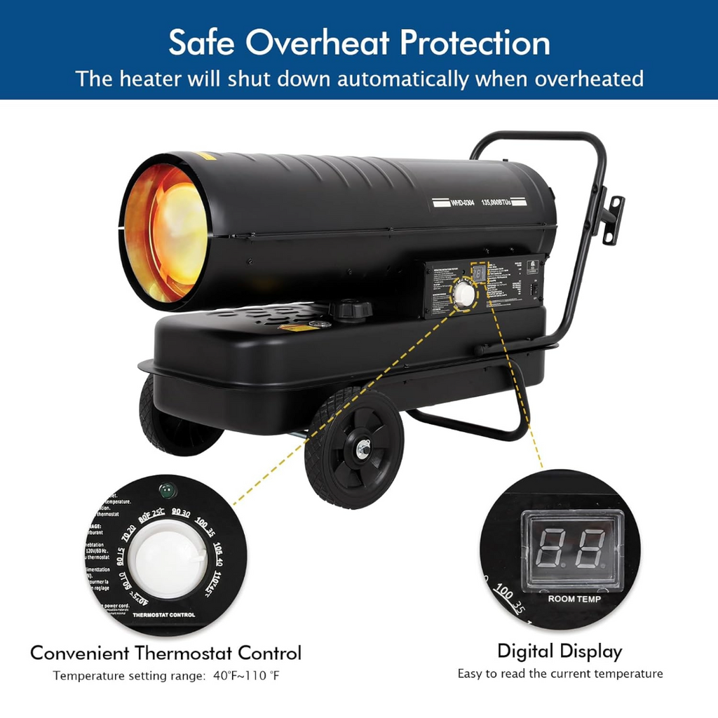 BILT HARD 135,000 BTU Forced Air Kerosene Heater, Portable Torpedo Space Heater with Movable Wheels, Thermostat Control, Overheat Protection, CSA Listed-Heater-Grease Monkey Garage