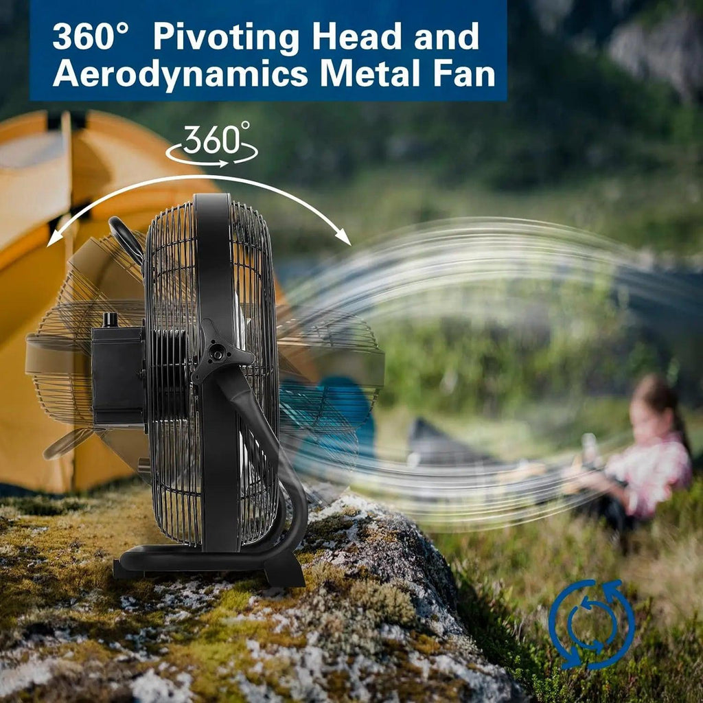 BILT HARD 16 Inch Rechargeable Battery Operated Outdoor Floor Fan, 15600mAh Battery Powered High Velocity Portable Fan with Metal Blade, Run All Day, USB Output-Grease Monkey Garage