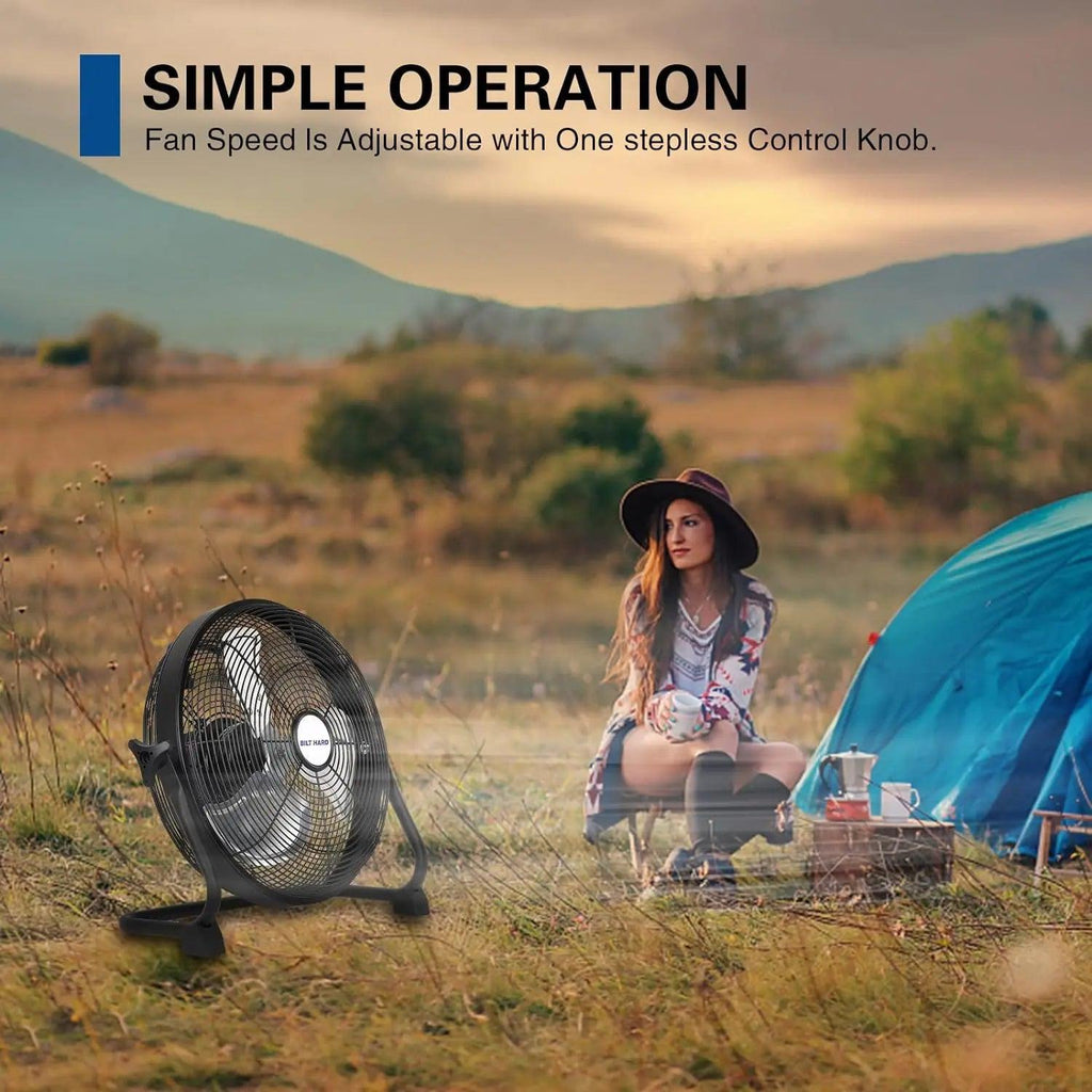 BILT HARD 16 Inch Rechargeable Battery Operated Outdoor Floor Fan, 15600mAh Battery Powered High Velocity Portable Fan with Metal Blade, Run All Day, USB Output-Grease Monkey Garage