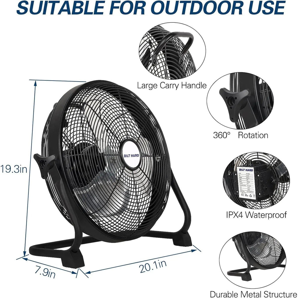 BILT HARD 16 Inch Rechargeable Battery Operated Outdoor Floor Fan, 15600mAh Battery Powered High Velocity Portable Fan with Metal Blade, Run All Day, USB Output-Grease Monkey Garage