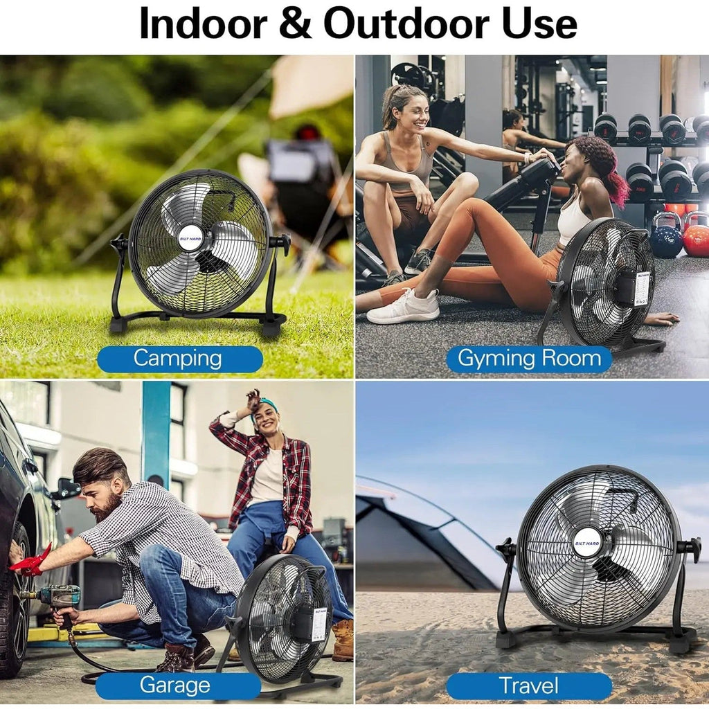 BILT HARD 16 Inch Rechargeable Battery Operated Outdoor Floor Fan, 15600mAh Battery Powered High Velocity Portable Fan with Metal Blade, Run All Day, USB Output-Grease Monkey Garage