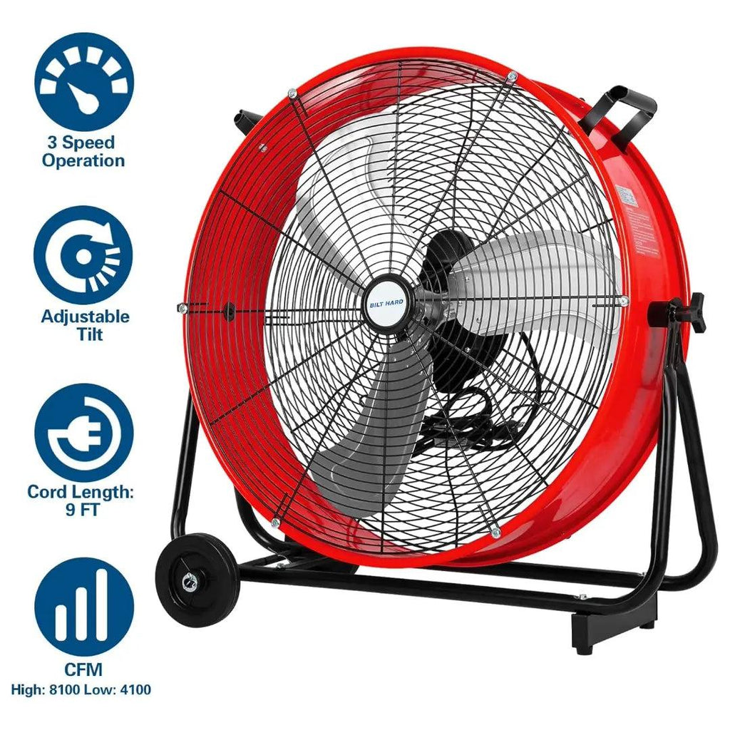 BILT HARD 24" 8100 CFM High Velocity Industrial Drum Fan, 3-Speed Heavy Duty Metal Red Shop Fan for Warehouse, Workshops, Garage, Factory and Basement, UL Listed-Fan-Grease Monkey Garage