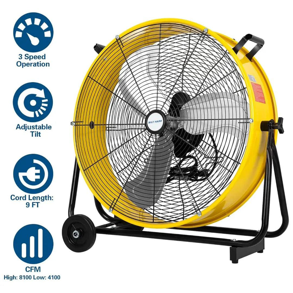 BILT HARD 24" 8100 CFM High Velocity Industrial Drum Fan, 3-Speed Heavy Duty Metal Yellow Shop Fan for Garage, Warehouse, Workshops, Factory and Basement, UL Listed-Fan-Grease Monkey Garage
