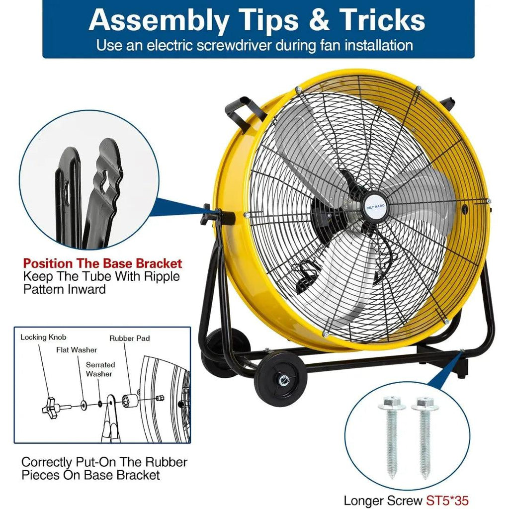 BILT HARD 24" 8100 CFM High Velocity Industrial Drum Fan, 3-Speed Heavy Duty Metal Yellow Shop Fan for Garage, Warehouse, Workshops, Factory and Basement, UL Listed-Fan-Grease Monkey Garage