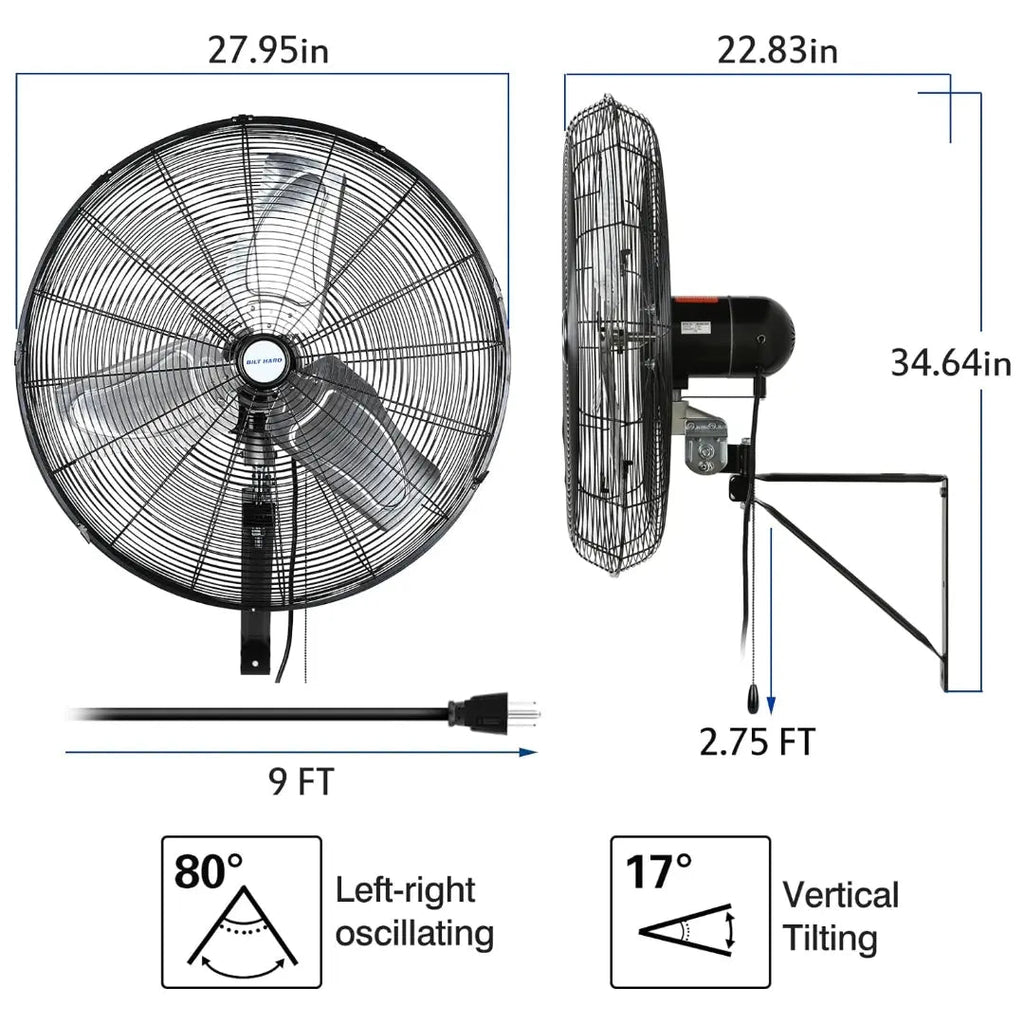 BILT HARD 24 in. 6500 CFM High Velocity Industrial Wall Fan, 3-Speed Wall Mount Oscillating Fan, Heavy Duty Shop Fan for Commercial, Garage, Warehouse, Workshops, Factory and Jobsites, UL Listed-Fan-Grease Monkey Garage