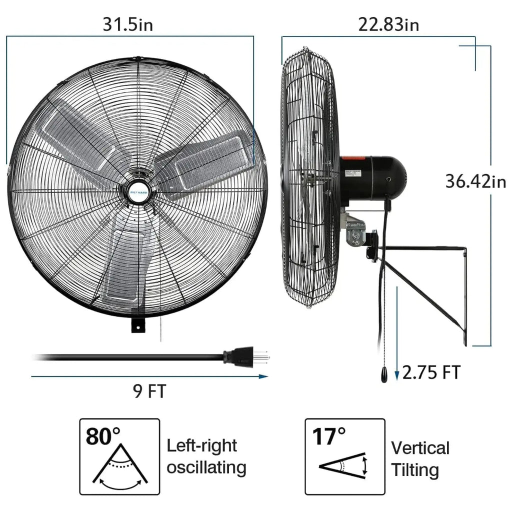 BILT HARD 30 in. 9500 CFM High Velocity Industrial Wall Fan, 3-Speed Wall Mount Oscillating Fan, Heavy Duty Shop Fan for Garage, Commercial, Warehouse, Factory, Workshops and Jobsites, UL Listed-Fan-Grease Monkey Garage