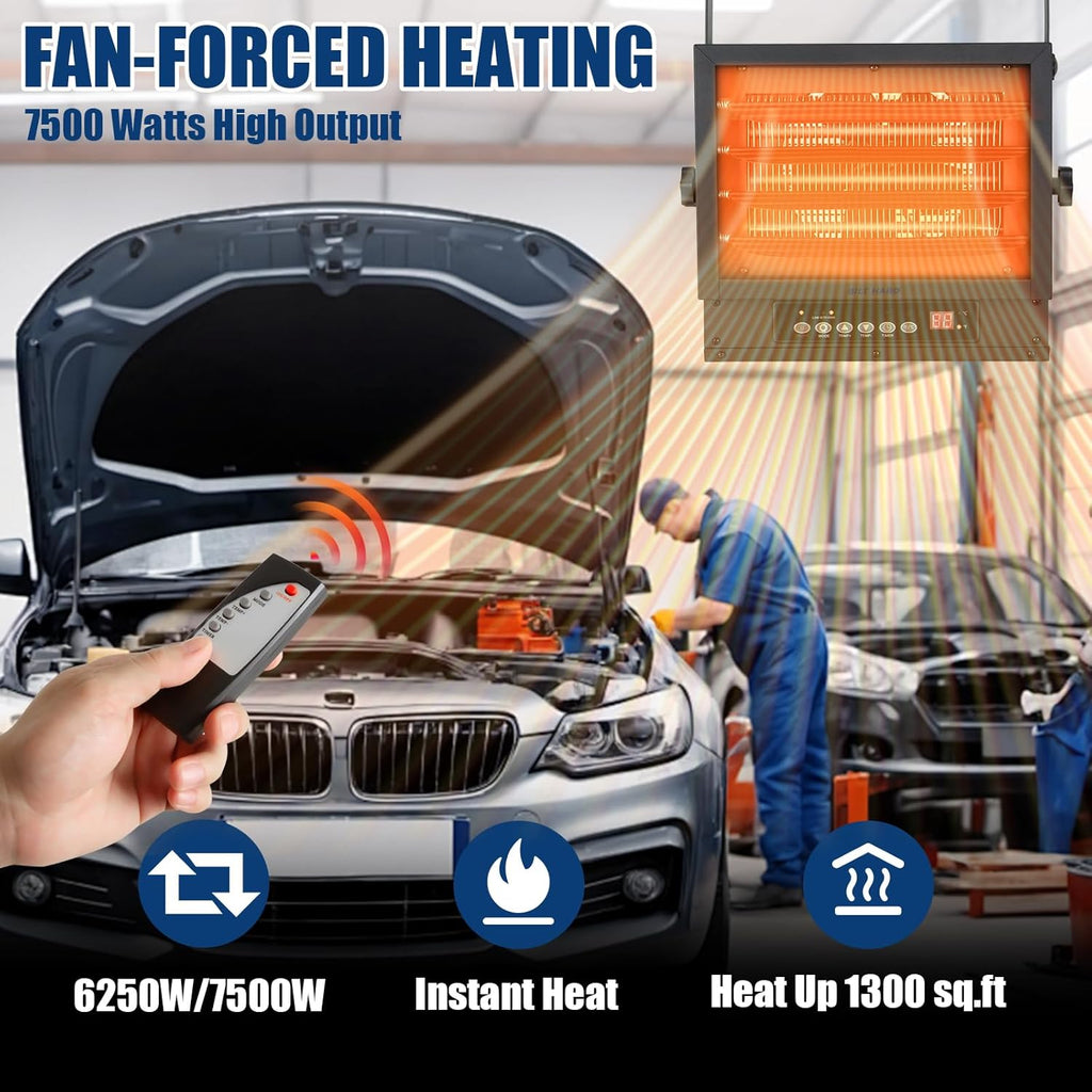 BILT HARD 7500W Electric Garage Heater, 240V Digital Fan-Forced Ceiling Mount Heater with Remote, Hardwired Shop Garage Heater with Thermostat, Overheat Protection, Timer, Ideal for Workshop-Heater-Grease Monkey Garage