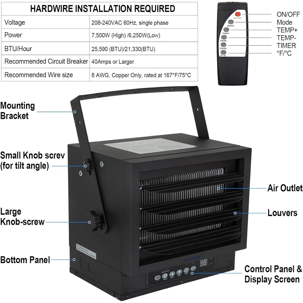 BILT HARD 7500W Electric Garage Heater, 240V Digital Fan-Forced Ceiling Mount Heater with Remote, Hardwired Shop Garage Heater with Thermostat, Overheat Protection, Timer, Ideal for Workshop-Heater-Grease Monkey Garage