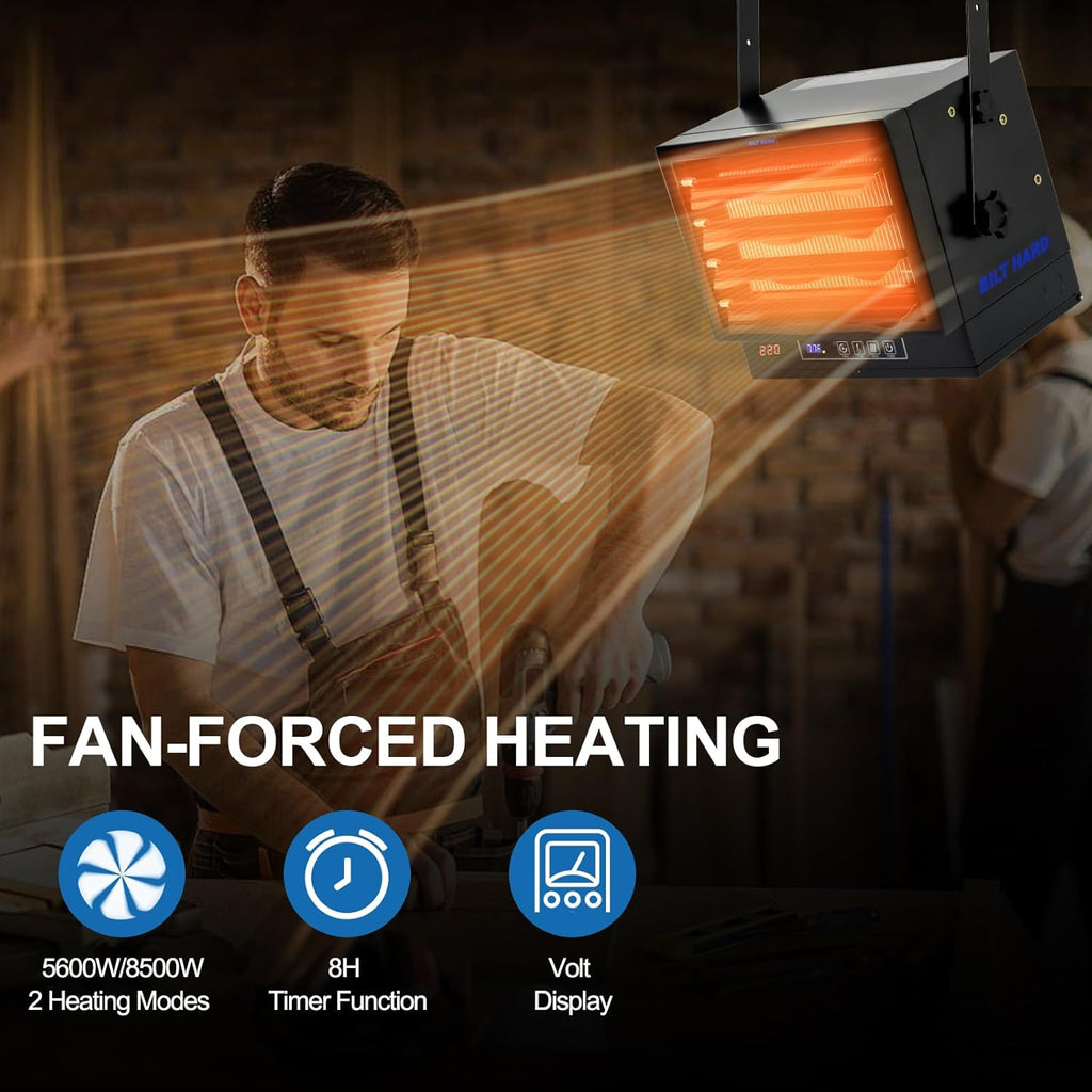 BILT HARD 8500W Electric Garage Heater, 240V Digital Fan-Forced Ceiling Mount Shop Heater, Hardwired Industrial Shop Heater with Build-in Digital Thermostat and Remote, Ideal for Garage, Workshop-Heater-Grease Monkey Garage